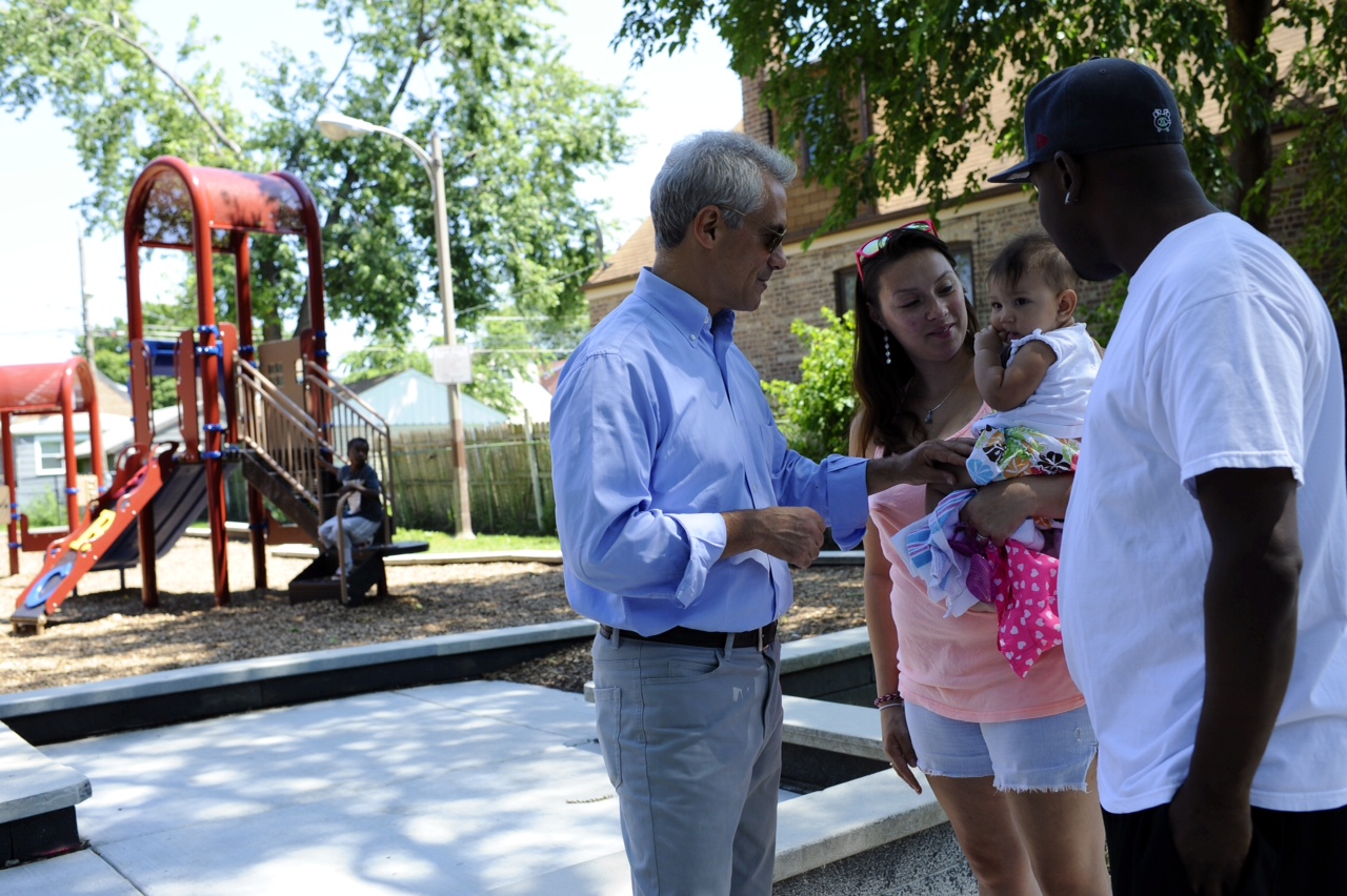 Mayor Emanuel joins community members while celebrating the ribbon cutting of Montgomery Park.